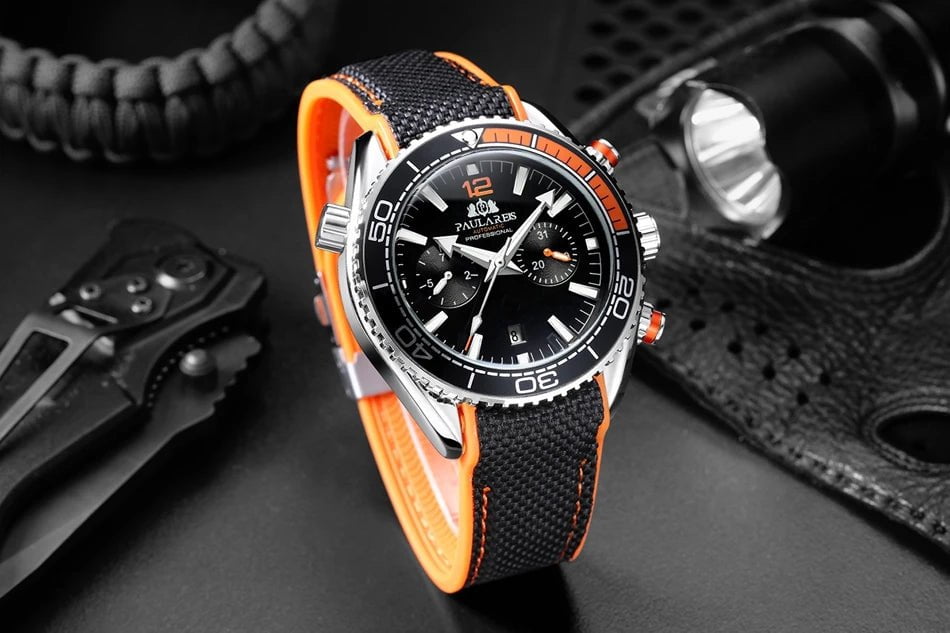 Storazone Men Automatic Self Wind Mechanical Canvas Rubber Strap Orange Blue Red Multifunction Date Month Watch