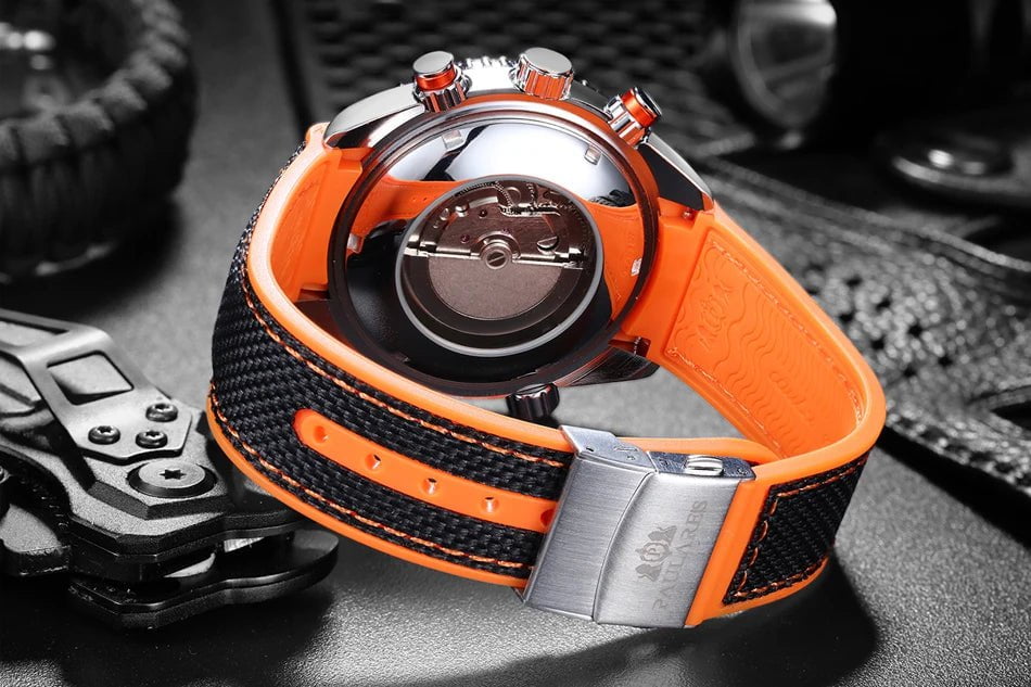 Storazone Men Automatic Self Wind Mechanical Canvas Rubber Strap Orange Blue Red Multifunction Date Month Watch
