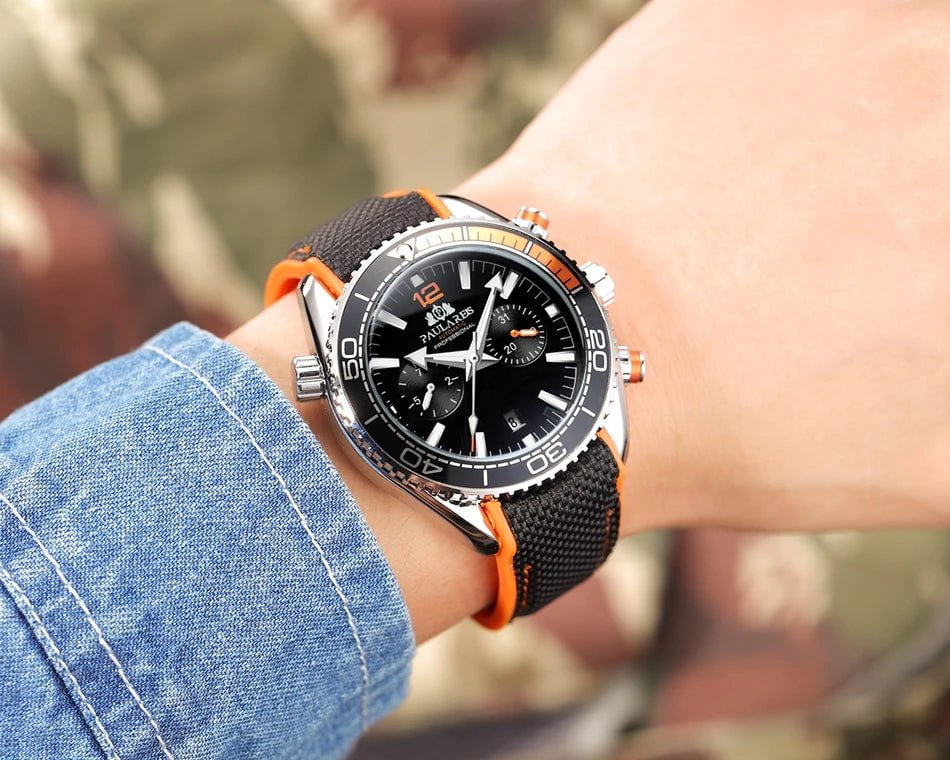 Storazone Men Automatic Self Wind Mechanical Canvas Rubber Strap Orange Blue Red Multifunction Date Month Watch