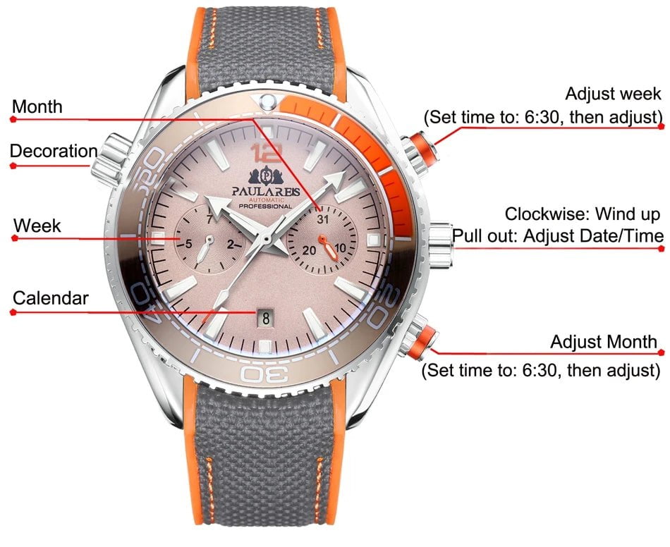 Storazone Men Automatic Self Wind Mechanical Canvas Rubber Strap Orange Blue Red Multifunction Date Month Watch
