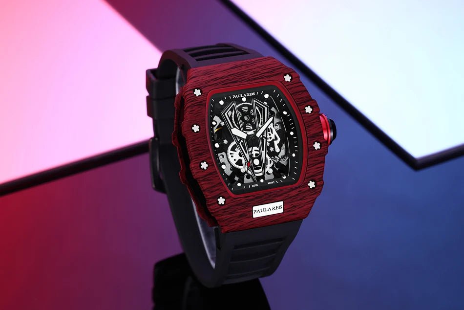 Storazone Men Automatic Self Wind Skeleton Mechanical Red Black Rubber Strap Richard Fashion Tonneau Watch
