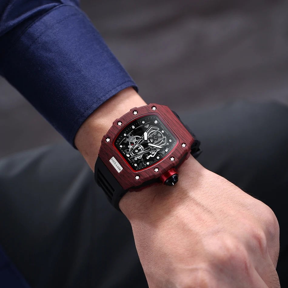 Storazone Men Automatic Self Wind Skeleton Mechanical Red Black Rubber Strap Richard Fashion Tonneau Watch