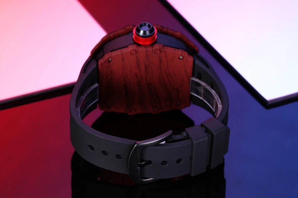 Storazone Men Automatic Self Wind Skeleton Mechanical Red Black Rubber Strap Richard Fashion Tonneau Watch