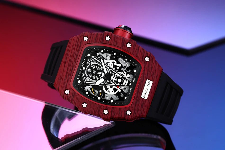 Storazone Men Automatic Self Wind Skeleton Mechanical Red Black Rubber Strap Richard Fashion Tonneau Watch