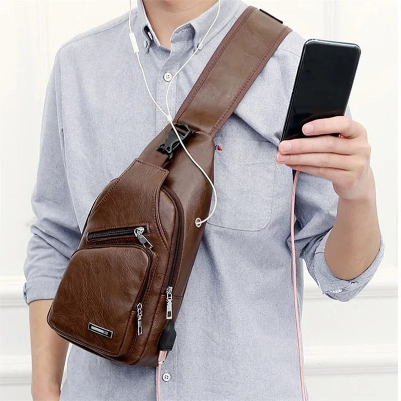 Storazone Men's Crossbody Bags Men's USB Chest Bag Designer Messenger bag Leather Shoulder Bags Diagonal Package  new Back Pack Travel