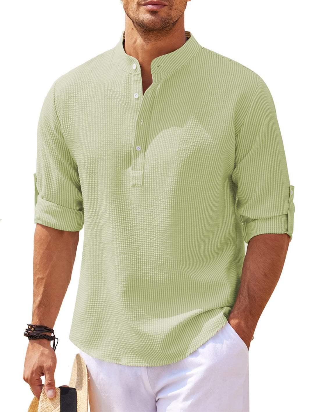 STORAZONE Mens Collections Green / 2XL Men's Casual Shirt  Long Sleeve Stand Collar Solid Color Shirt Mens Clothing