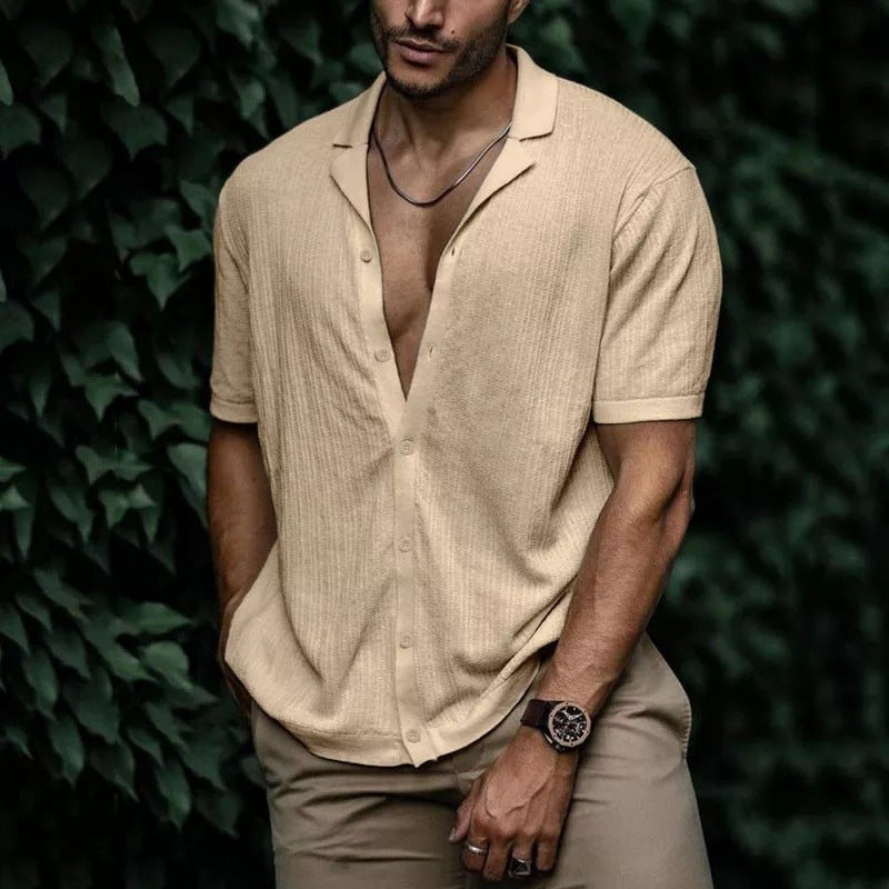 STORAZONE Mens Collections Khaki / 2XL Casual Loose Cardigan Short Sleeve Solid Color T-shirt Men