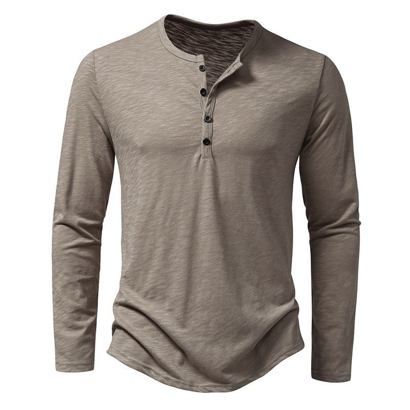 STORAZONE Mens Collections Khaki / L Mens Clothing Long Sleeve T-shirt Fashion Button Henry Collar Tops