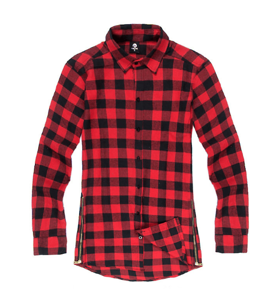 STORAZONE Mens Collections L / Long Sleeve Red Mens Fashion Hip Hop Shirts Streetwear Urban Clothing Hiphop Men Clothes Plaid Zipper Shirt