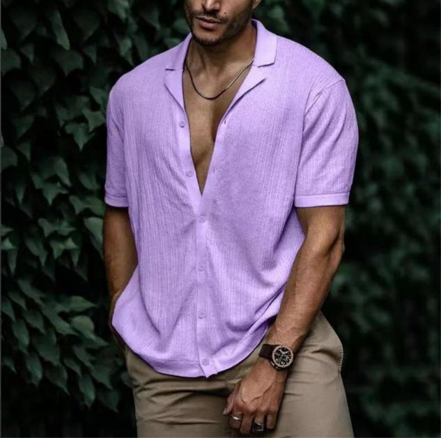 STORAZONE Mens Collections Light Purple / 2XL Casual Loose Cardigan Short Sleeve Solid Color T-shirt Men