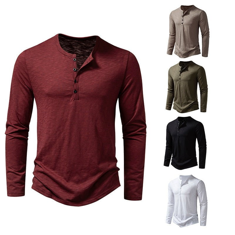 STORAZONE Mens Collections Mens Clothing Long Sleeve T-shirt Fashion Button Henry Collar Tops