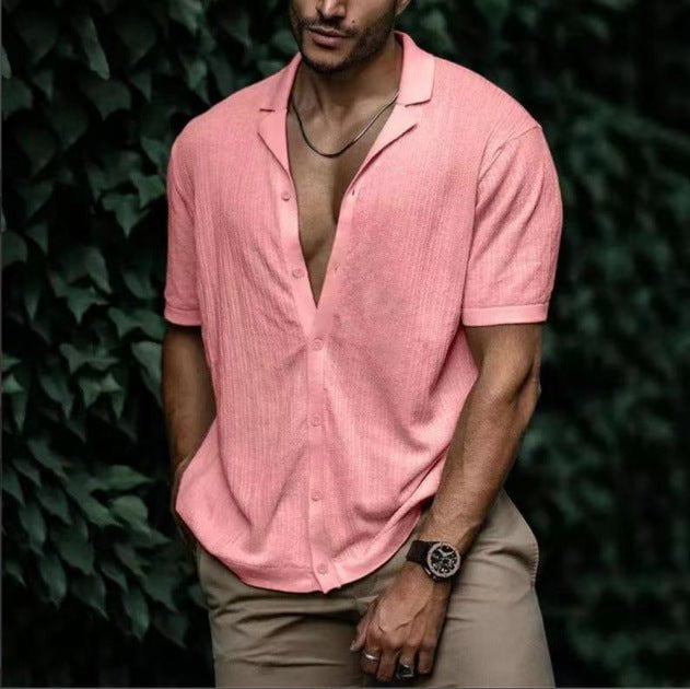 STORAZONE Mens Collections Pink / 2XL Casual Loose Cardigan Short Sleeve Solid Color T-shirt Men