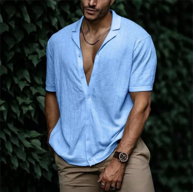 STORAZONE Mens Collections Sky Blue / 2XL Casual Loose Cardigan Short Sleeve Solid Color T-shirt Men
