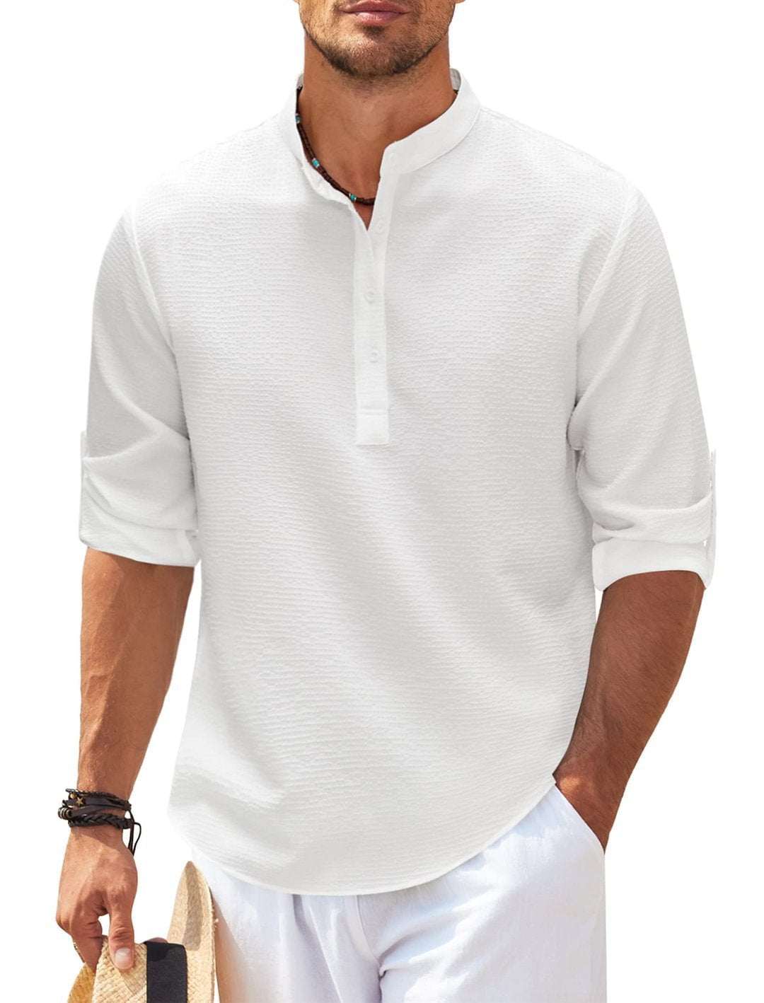 STORAZONE Mens Collections White / 2XL Men's Casual Shirt  Long Sleeve Stand Collar Solid Color Shirt Mens Clothing