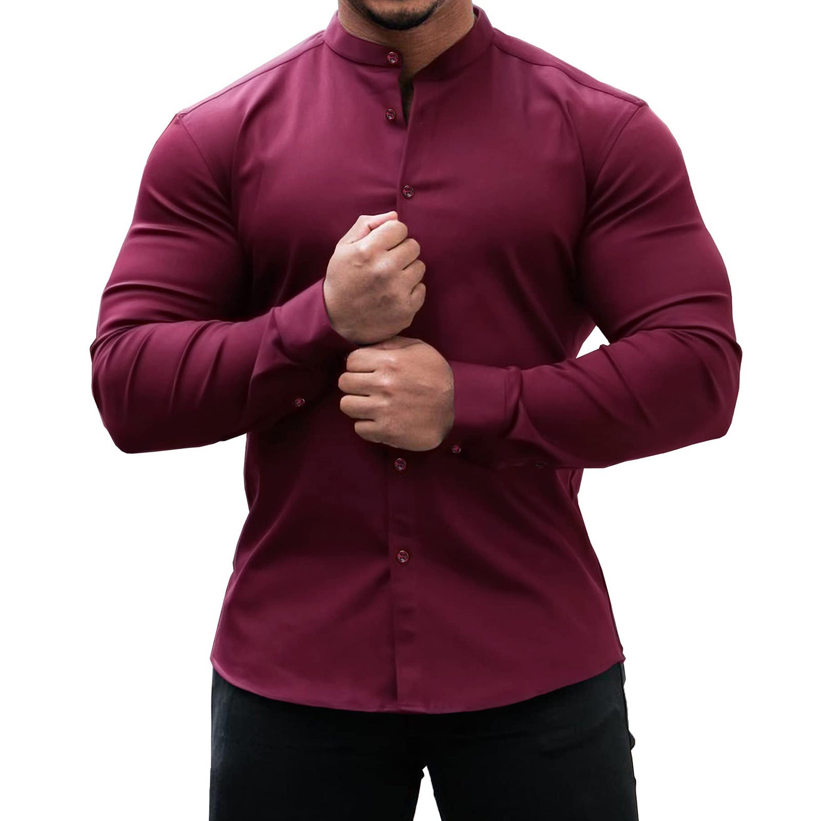 STORAZONE Mens Collections Wine Red / 2XL Long Sleeve Shirt Men Casual Button Down Slim Tops Solid Color Casual Mens Clothing