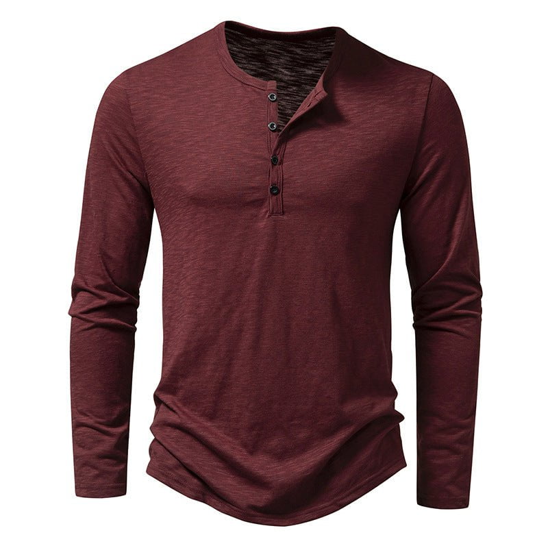 STORAZONE Mens Collections Wine Red / L Mens Clothing Long Sleeve T-shirt Fashion Button Henry Collar Tops