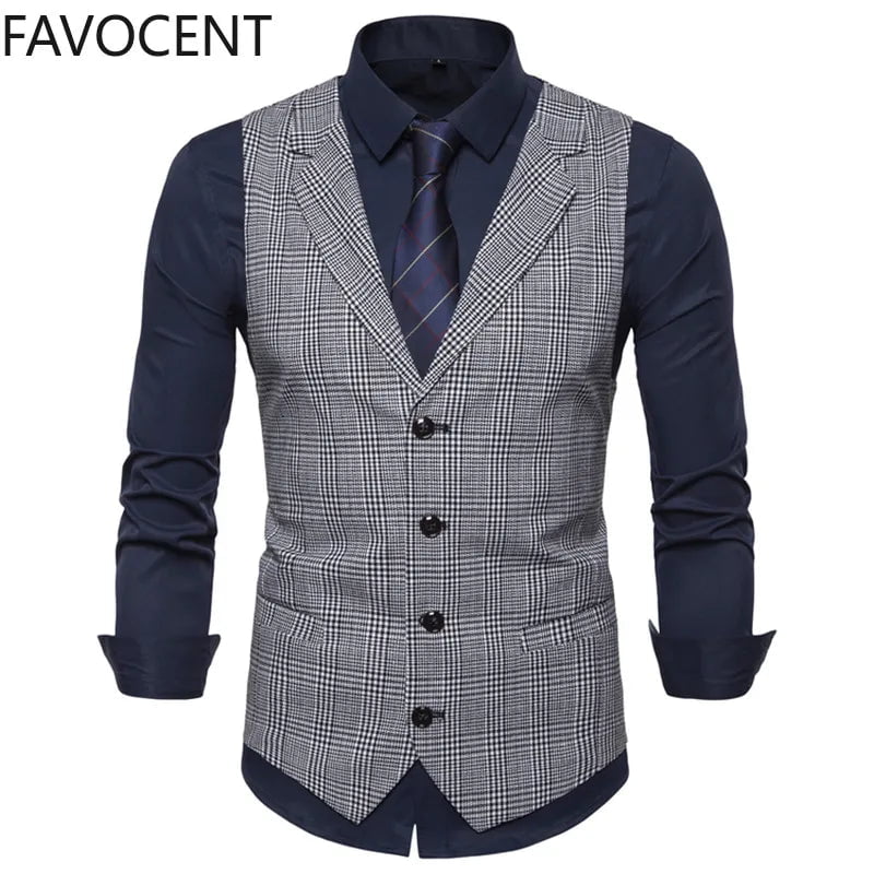 Storazone Mens Suit Vest Fashion Slim Fit Thin Plaid Men Waistcoat Tops Slim Business Vest Waistcoat Man England Style Male Leisure Suits