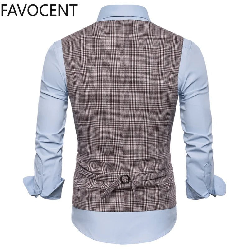 Storazone Mens Suit Vest Fashion Slim Fit Thin Plaid Men Waistcoat Tops Slim Business Vest Waistcoat Man England Style Male Leisure Suits