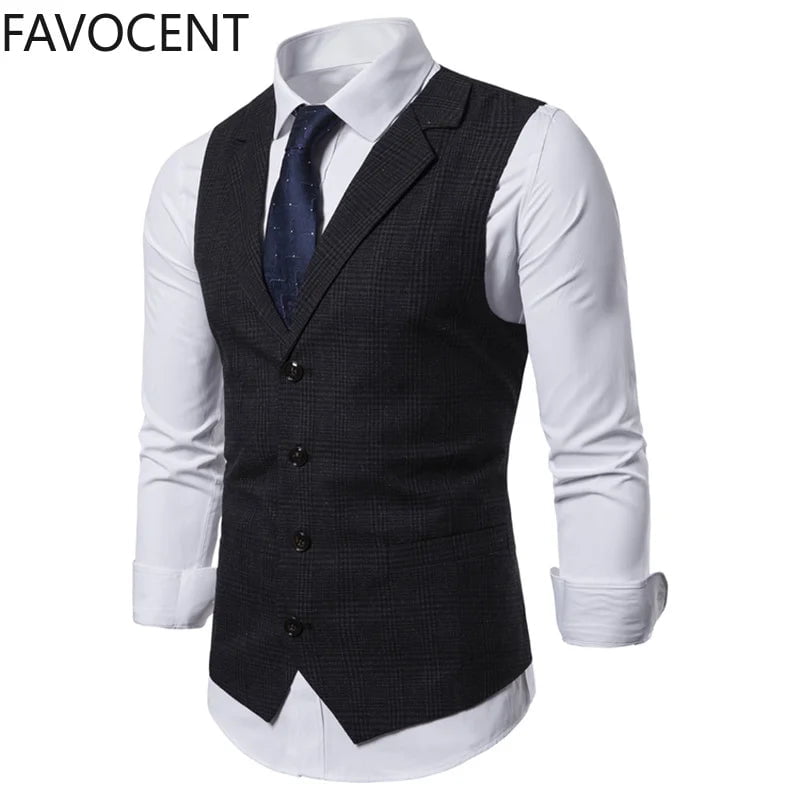 Storazone Mens Suit Vest Fashion Slim Fit Thin Plaid Men Waistcoat Tops Slim Business Vest Waistcoat Man England Style Male Leisure Suits