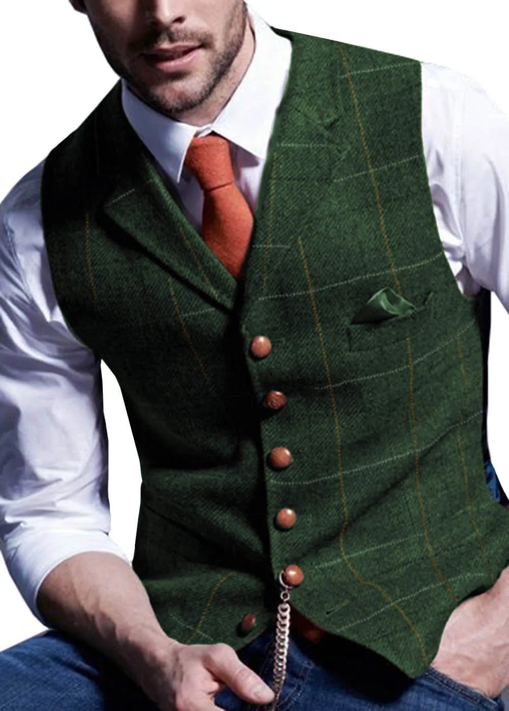 Storazone Mens Suit Vest Notched Plaid Wool Herringbone Tweed Waistcoat Casual Formal Business Groomman For Wedding Green/Black/Green/Grey