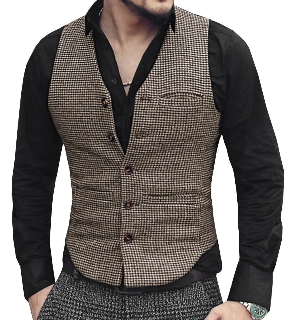 Storazone Mens Suit Vest V Neck Wool Brown Single-breasted Houndstooth Waistcoat Casual Formal Business Groomman For Wedding