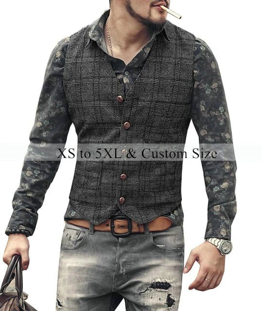 Storazone mens suit vests men brown black waistcoat vest man plaid steampunk jacket striped tweed v-neck slim fit gilet wedding clothing