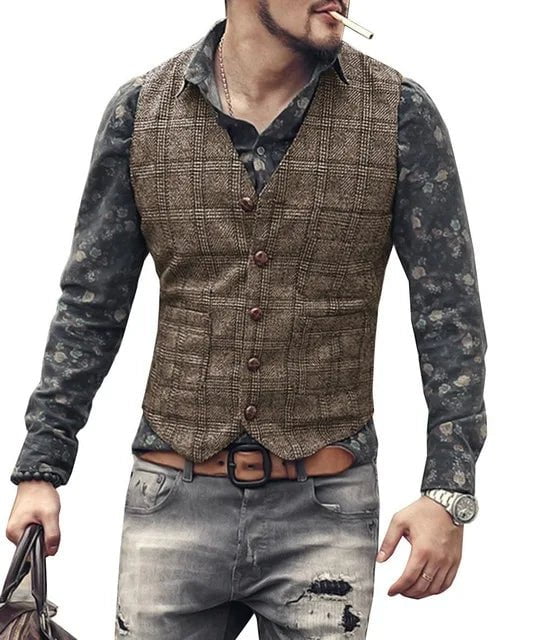 Storazone mens suit vests men brown black waistcoat vest man plaid steampunk jacket striped tweed v-neck slim fit gilet wedding clothing