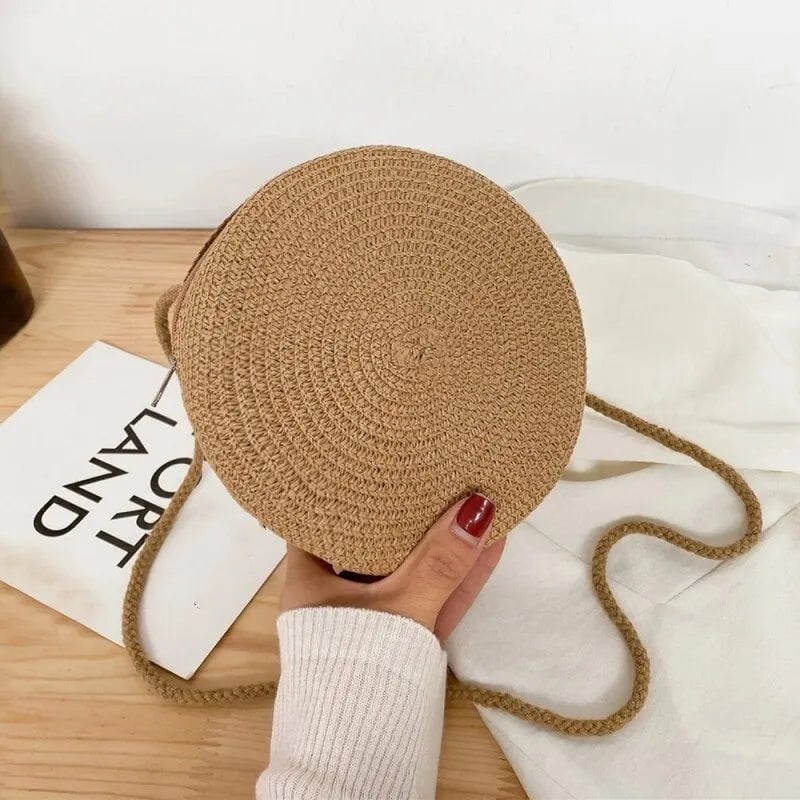 Storazone Minimalist Straw Bag Round Crossbody Purse Women Shoulder Vocation Style Handbag