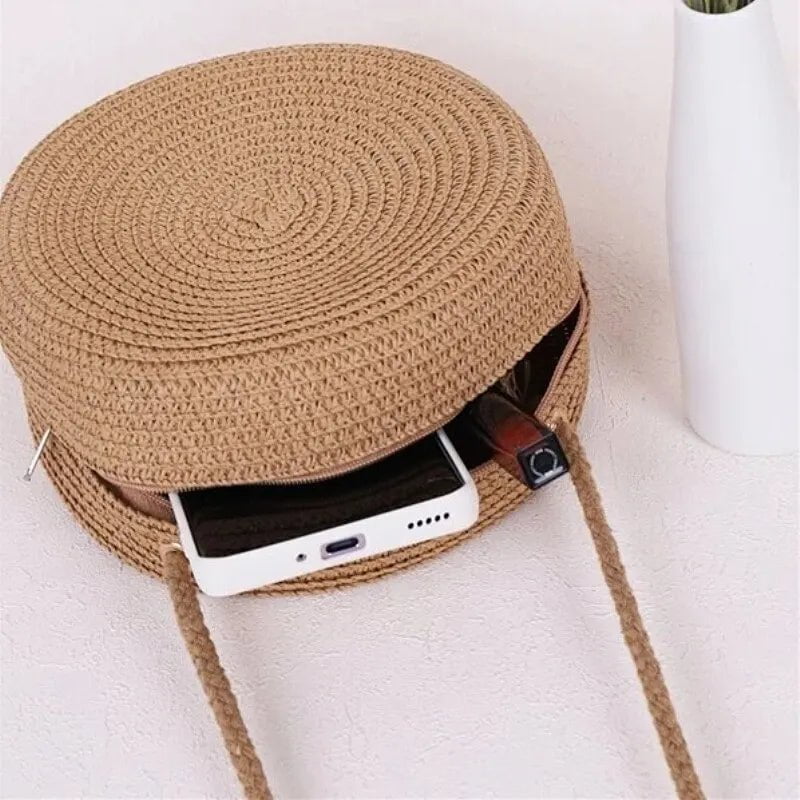 Storazone Minimalist Straw Bag Round Crossbody Purse Women Shoulder Vocation Style Handbag