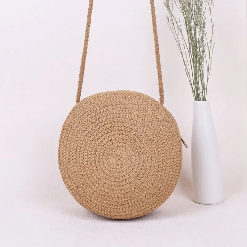 Storazone Minimalist Straw Bag Round Crossbody Purse Women Shoulder Vocation Style Handbag