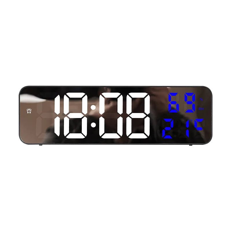 Storazone Mirror Blue TEMP / 9 inch 9 Inch Large Digital Wall Clock Temperature and Humidity Display Night Mode Table Alarm Clock 12/24H Electronic LED Clock