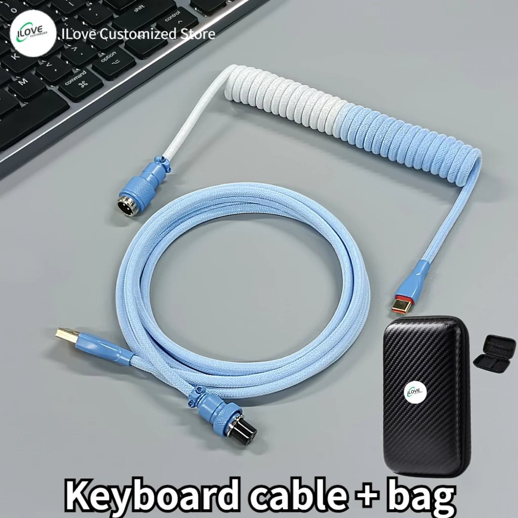 Storazone mixed blue white / 1.8m Coiled Keyboard Cable USB C for Mechanical Gaming Keyboard Double-Sleeved Wire with Detachable Metal Aviator Connector Charging