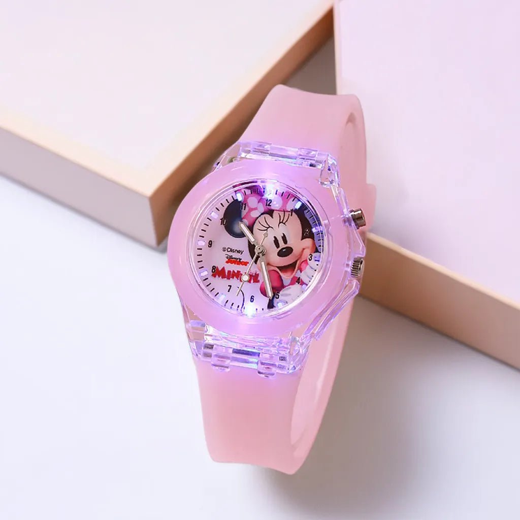 Storazone MN Pink Disney Mickey Mouse Girls Watches Children Silicone Strap Colorful Light Spiderman Kids Watch Student Quartz Clock reloj infanti