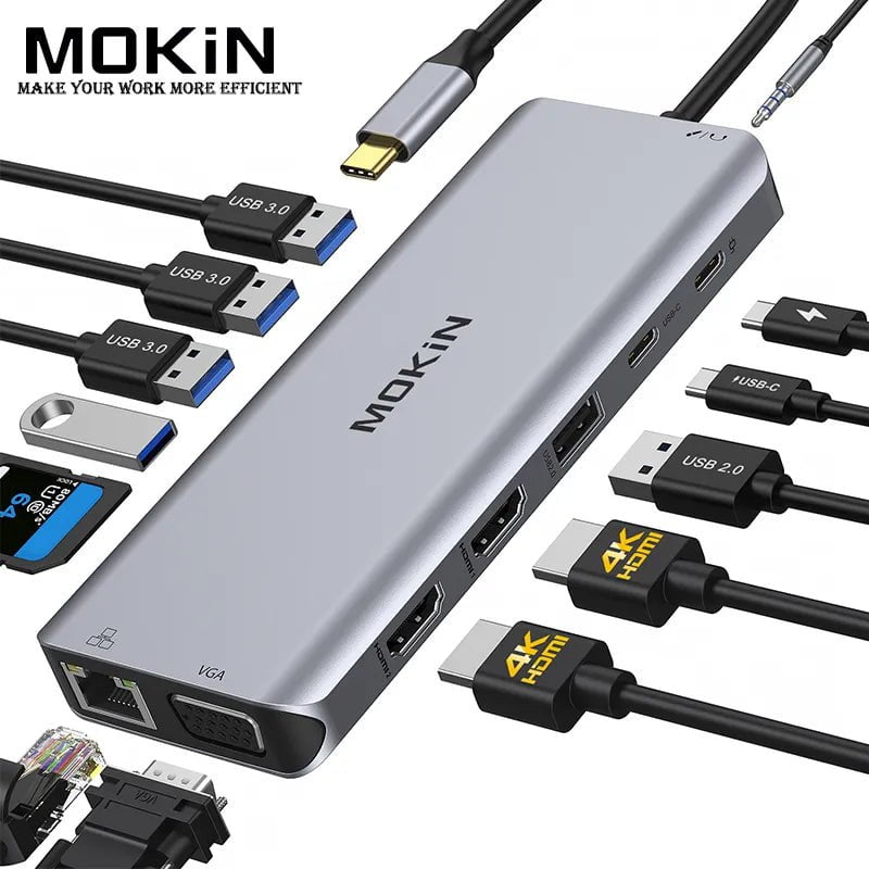 Storazone MOKiN USB-C Hub Docking Station for MacBook Air/Pro, iPad M1/M2, Thunderbolt Laptop - Features HDMI 4K, DP, 100W PD, SD/TF, RJ45