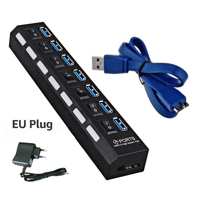 Storazone Multi Ports USB HUB 3.0 4/7 Ports Portable Super Speed 5Gbps Multiple USB Port Expander with Switches Power Adapter For PC