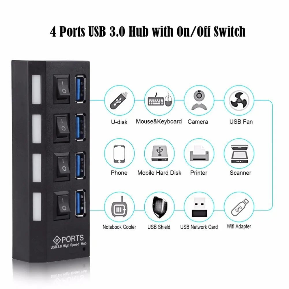 Storazone Multi Ports USB HUB 3.0 4/7 Ports Portable Super Speed 5Gbps Multiple USB Port Expander with Switches Power Adapter For PC