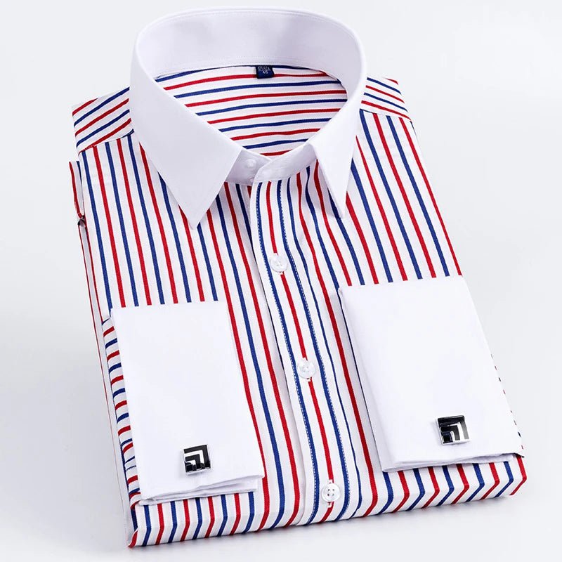 Storazone Multicolor Stripe / 38 Men's French Cuff Dress Shirt Long Sleeve Slim Fit Tuxedo Shirts  with Cufflinks Poly/Cotton Double Button Collar