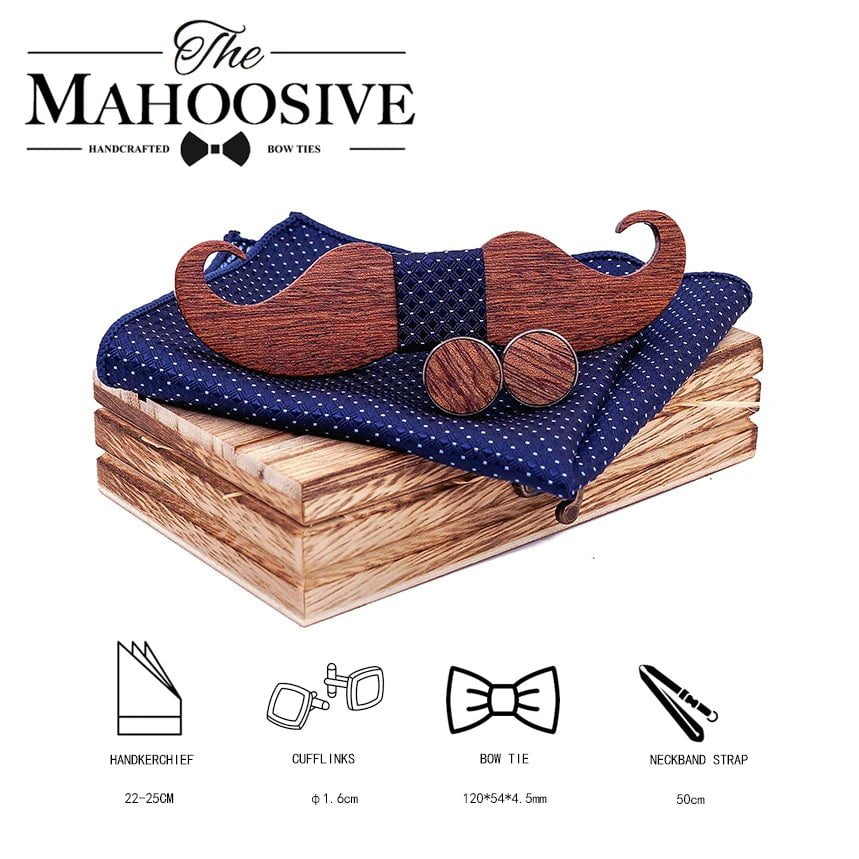 Storazone Mustache Wood Bowtie Handkerchief Cufflinks Sets for Mens Suit Wooden Bow tie dropshipping Bow Tie Bowknots Cravat