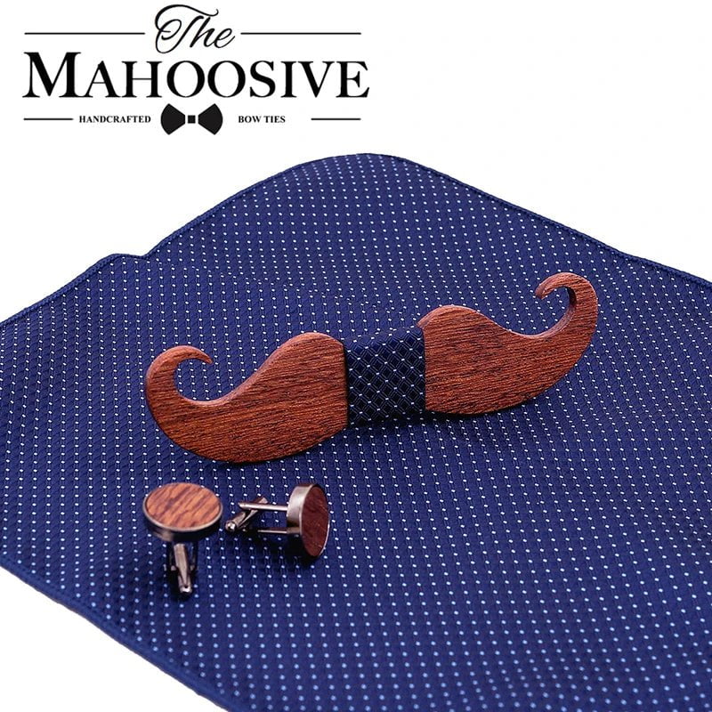 Storazone Mustache Wood Bowtie Handkerchief Cufflinks Sets for Mens Suit Wooden Bow tie dropshipping Bow Tie Bowknots Cravat