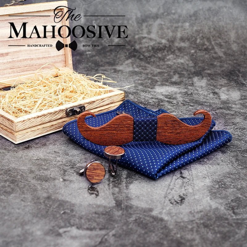 Storazone Mustache Wood Bowtie Handkerchief Cufflinks Sets for Mens Suit Wooden Bow tie dropshipping Bow Tie Bowknots Cravat