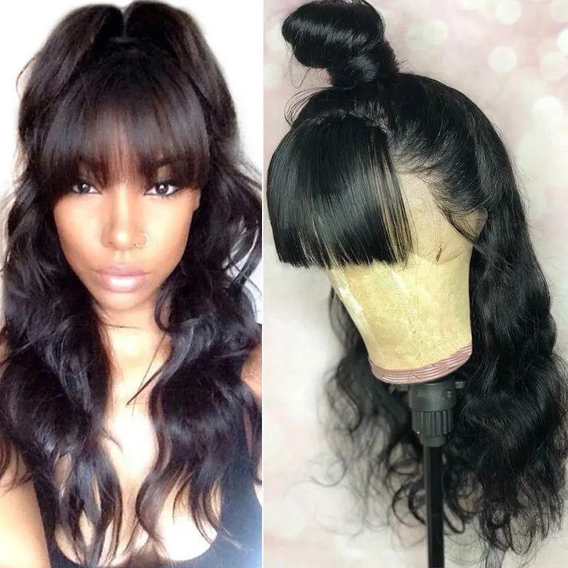 Storazone natural color / 12inches / 13x6 Lace 180density 360 Lace Frontal Wig With Bangs Body Wave 250 Density 13x6 Lace Front Human Hair Wigs Pre Plucked Fake Scalp 370 Dolago Remy