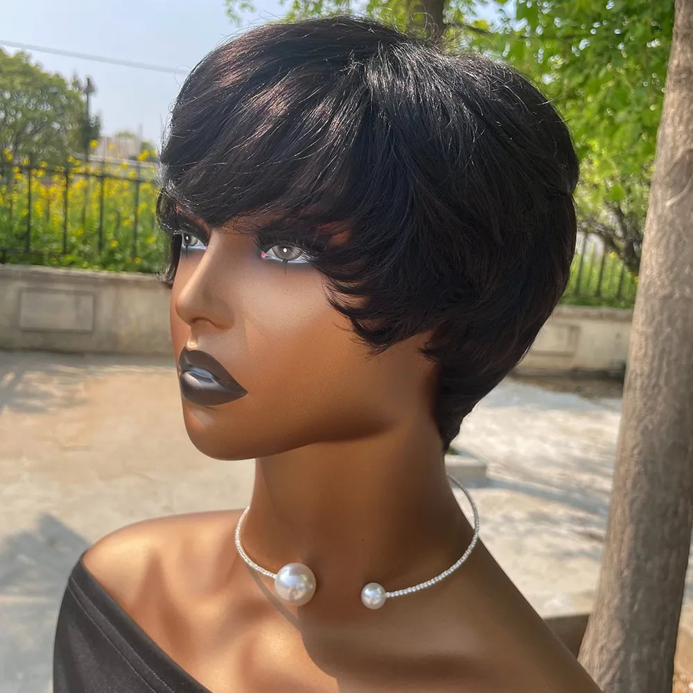 Storazone Natural Color / United States / 6inches Human Hair Wigs Short Pixie Cut Wig Human Hair For Black Women Machine Made Wigs With Bangs Glueless Wig Perruque Cheveux Humain