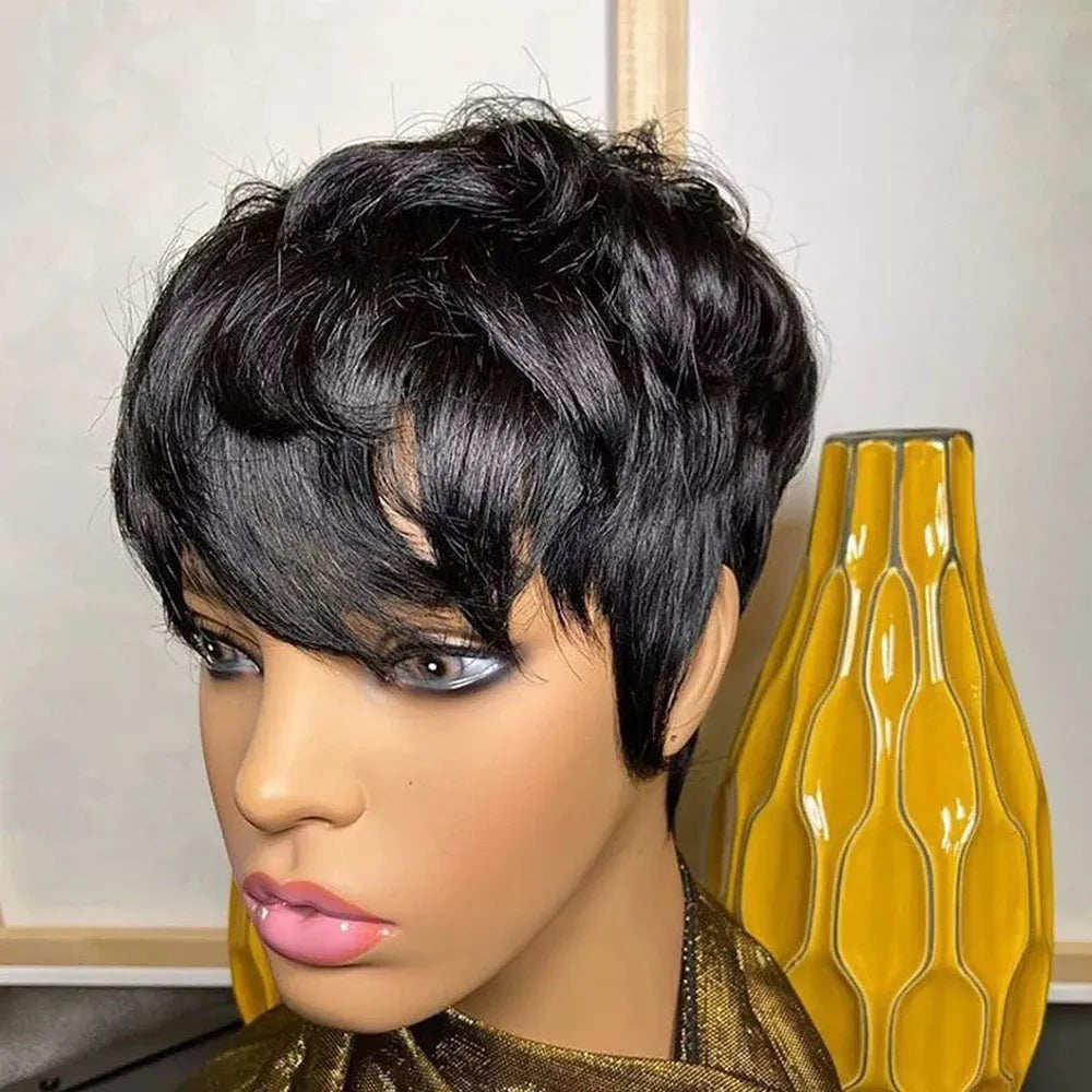 Storazone Natural Color / United States / 6inches Short Pixie Cut Wig Human Hair For Black Women Machine Made Wigs With Bangs Glueless Wig Human Hair Wigs