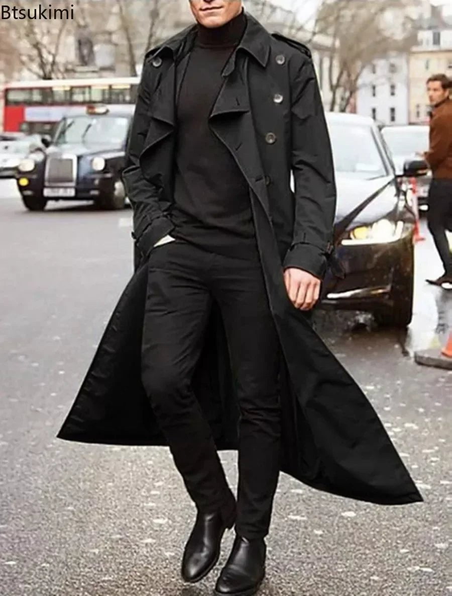 Storazone New 2024 Men's Overcoat Vintage Long Trench Jacket Coats Men's Business Party Casual Long Solid Windbreak Outwear Men's Clothing
