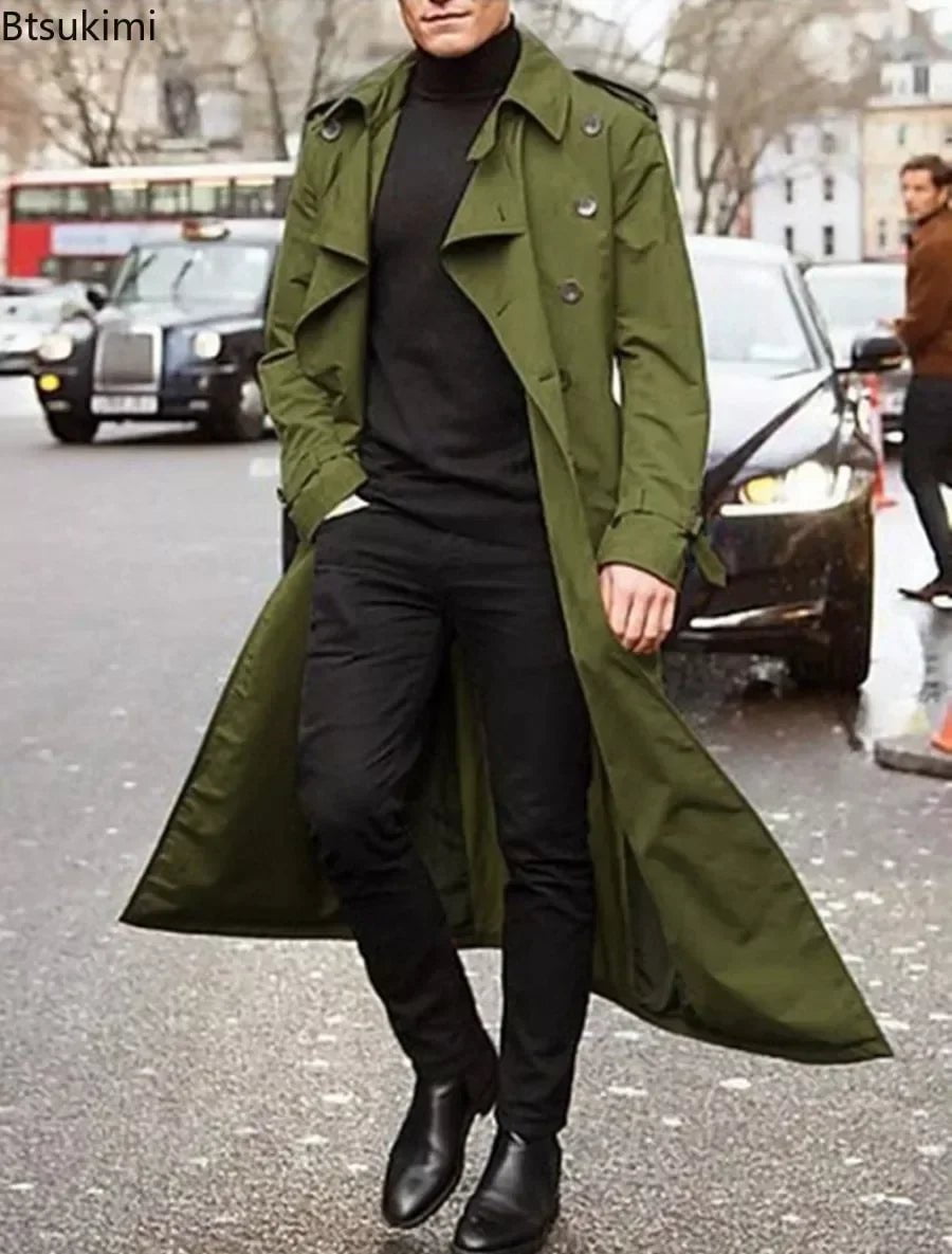 Storazone New 2024 Men's Overcoat Vintage Long Trench Jacket Coats Men's Business Party Casual Long Solid Windbreak Outwear Men's Clothing
