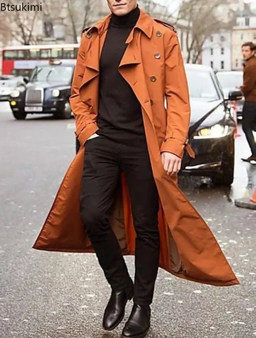 Storazone New 2024 Men's Overcoat Vintage Long Trench Jacket Coats Men's Business Party Casual Long Solid Windbreak Outwear Men's Clothing