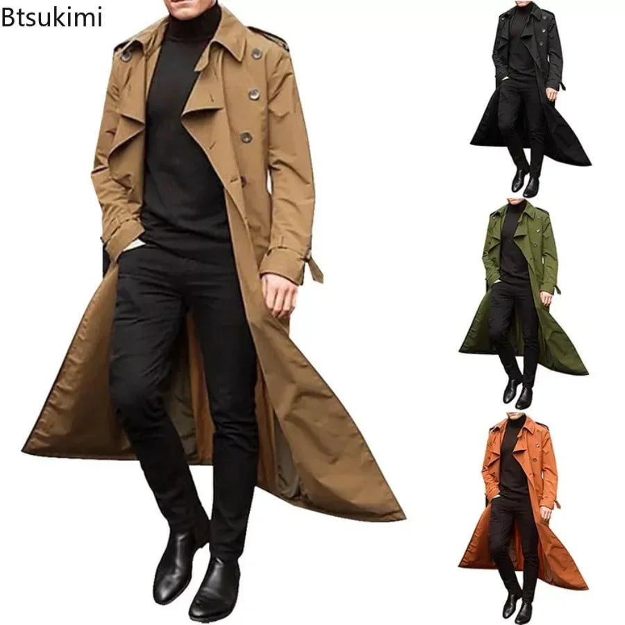 Storazone New 2024 Men's Overcoat Vintage Long Trench Jacket Coats Men's Business Party Casual Long Solid Windbreak Outwear Men's Clothing