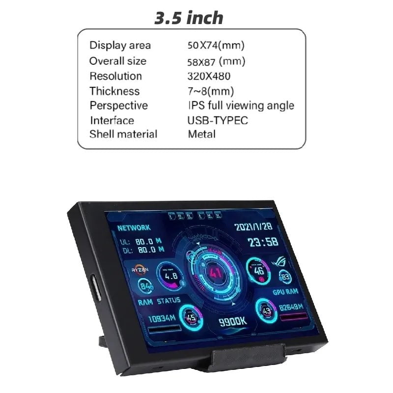 Storazone New 3.5 Inch IPS TYPE-C Secondary Screen Computer CPU GPU RAM HDD MonitorUSB Display For Freely AIDA64