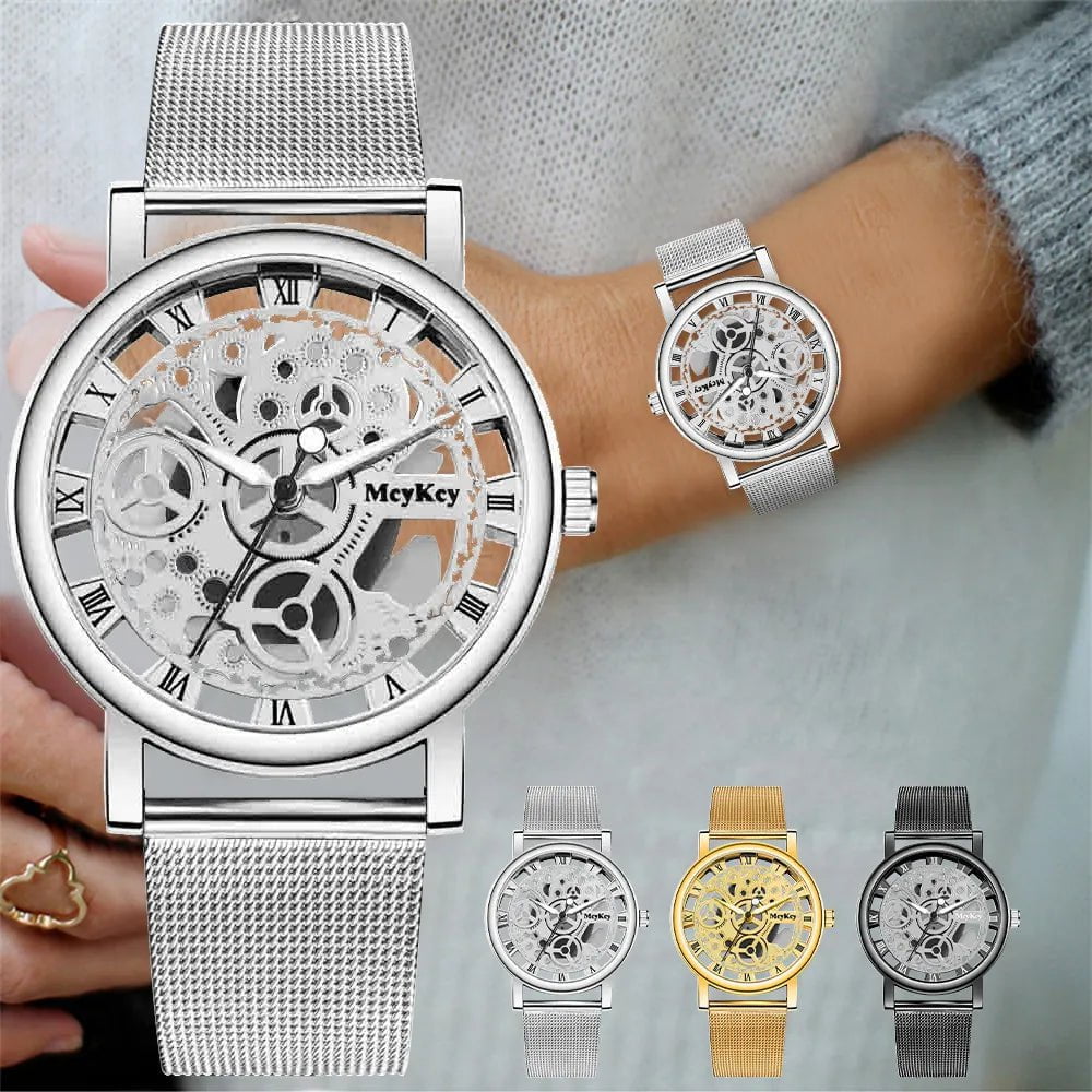 Storazone New Fashion Top Women Hollow Skeleton Faux Mechanical Watch Ladies Metal Mesh Quartz Wrist Watches For Female Relogio Feminino