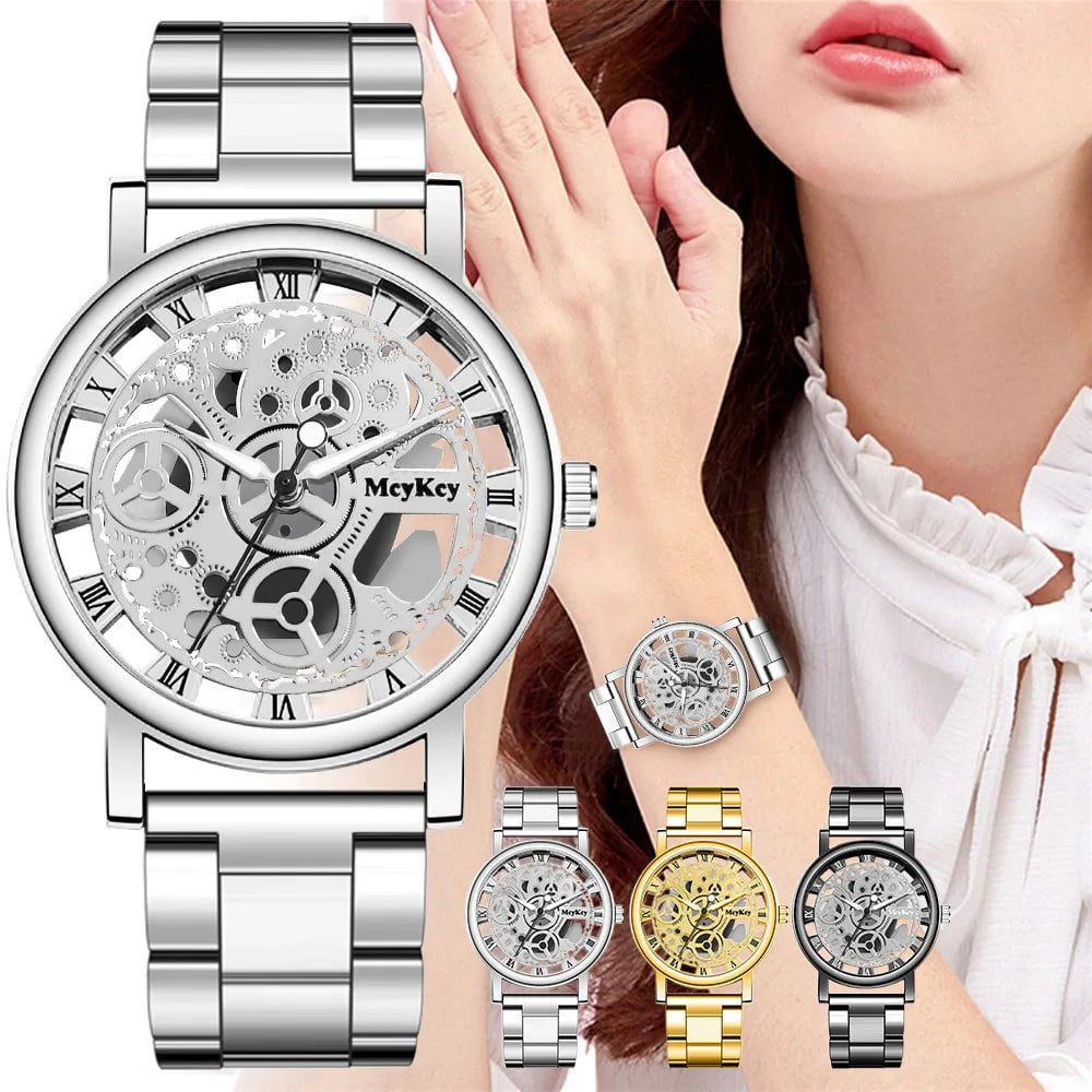 Storazone New Fashion Top Women Hollow Skeleton Faux Mechanical Watch Ladies Metal Mesh Quartz Wrist Watches For Female Relogio Feminino